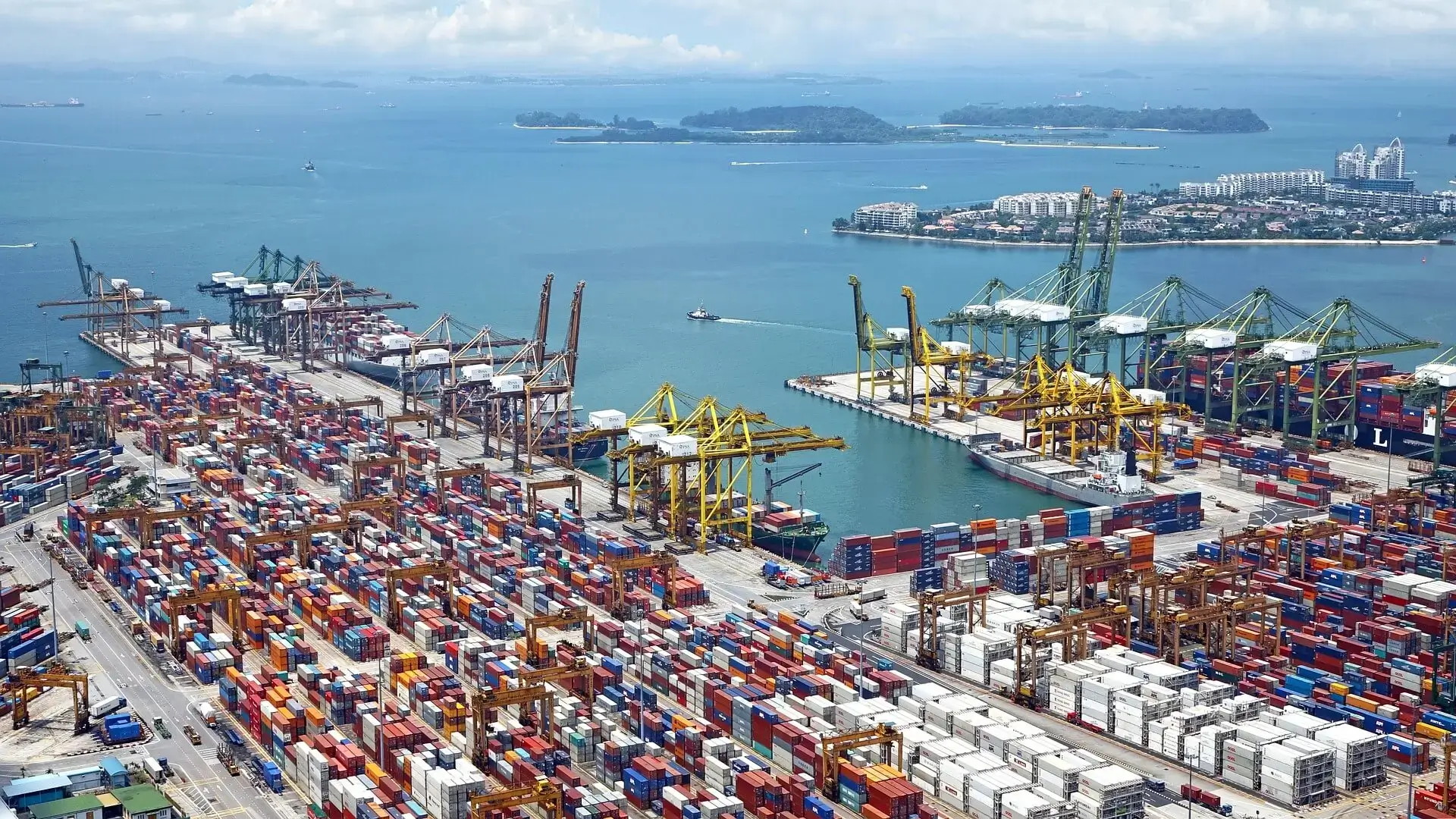 Aerial view of a busy shipping port.